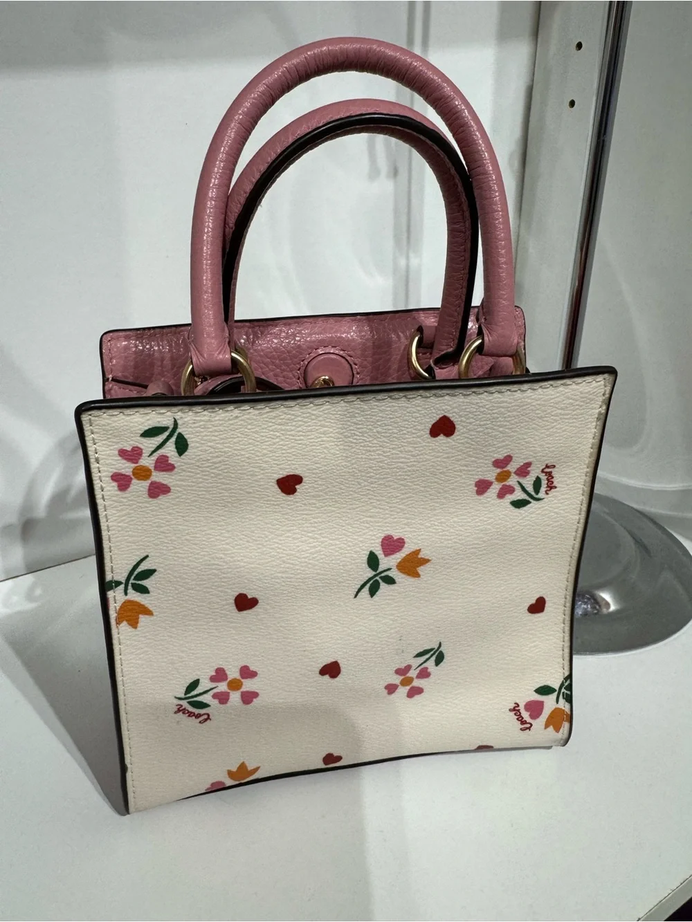 Coach Cream Mini Pepper Satchel with Pink Trim and Floral Hearts